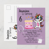 Invitation Carte Postale Cute Unicorn Purple Anniversaire (Devant / Derrière)