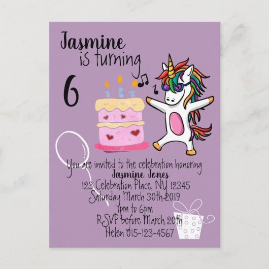 Invitation Carte Postale Cute Unicorn Purple Anniversaire (Devant)