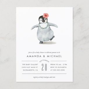 Invitation Carte Postale Cute Watercolor Baby Girl Baby shower de pingouin