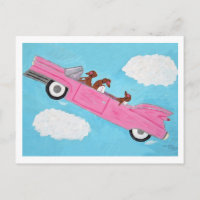 Dachshunds dans cabriolet rose dans le ciel