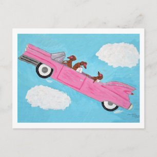 Invitation Carte Postale Dachshunds dans cabriolet rose dans le ciel
