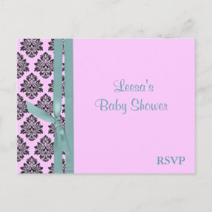 Invitation Carte Postale Damas rose et turquoise RSVP