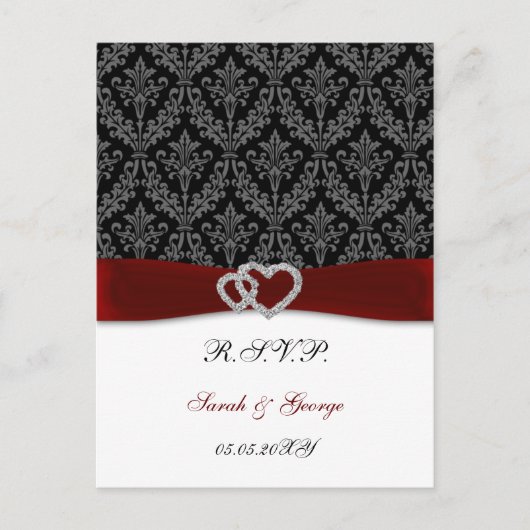 Invitation Carte Postale damask diamante rouge mariage RSVP (Devant)