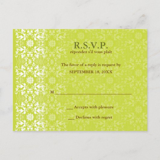 Invitation Carte Postale Damask Swils Lace Lime RSVP Mariage (Dos)
