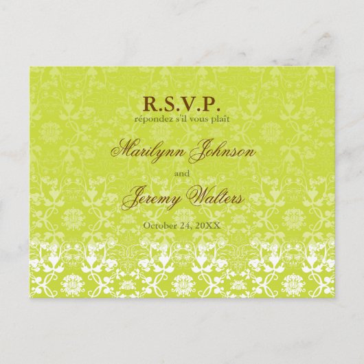 Invitation Carte Postale Damask Swils Lace Lime RSVP Mariage (Devant)