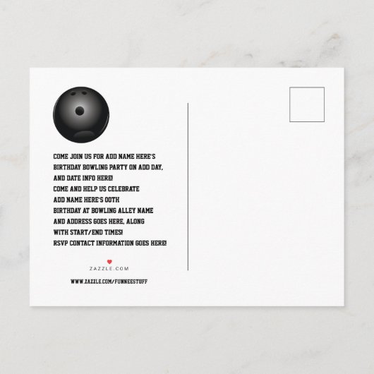Invitation Carte postale de la partie de bowling d (Dos)