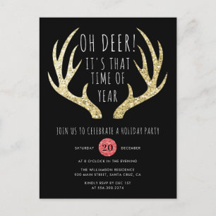 Invitation Carte Postale Deer Antlers Gold & Black Christmas Holiday Party