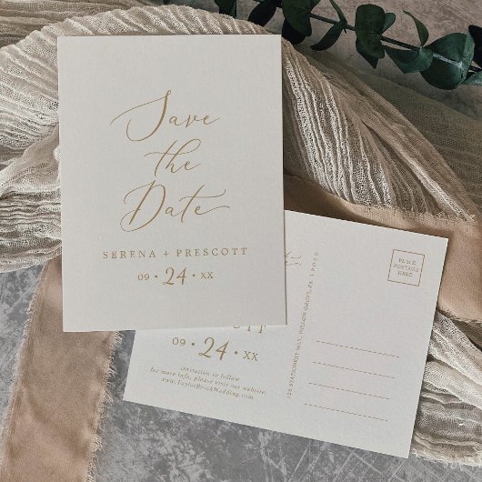Invitation Carte Postale Delicate Gold and Cream Enregistrer la date