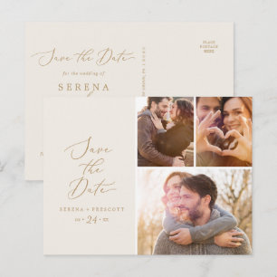 Invitation Carte Postale Delicate Gold Cream 3 Photo Collage Enregistrer la