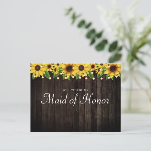 Invitation Carte Postale Demande de témoin de mariage en bois de tournesol (Debout devant)