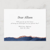 Invitation Carte Postale demoiselle d'honneur rose or agate navy (Dos)