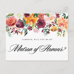 Invitation Carte Postale Démone d'honneur Fleurs d'automne en aquarelle