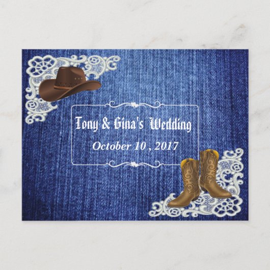 Invitation Carte Postale Denim Boots & Lace Wedding RSVP (Devant)
