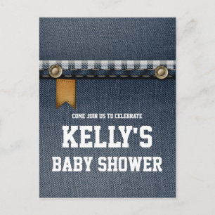 Invitation Carte Postale denim, jean bleu, cowboy, baby shower occidental