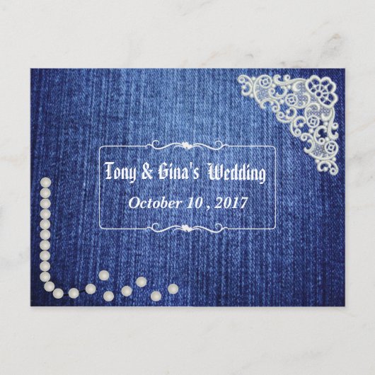 Invitation Carte Postale Denim Pearls & Lace Wedding RSVP (Devant)
