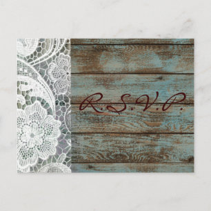 Invitation Carte Postale dentelle blanche rustique turquoise grange bois ma