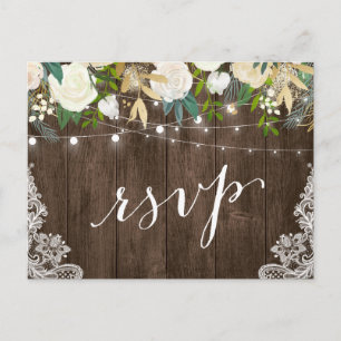 Invitation Carte Postale Dentelle de bois rustique Floral Lumières Mariage 