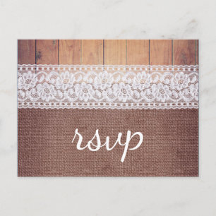 Invitation Carte Postale Dentelle et bois rustiques RSVP de toile de jute