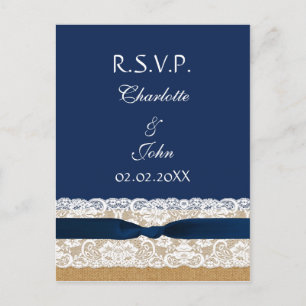 Invitation Carte Postale Dentelle et burlap FAUX, ruban bleu marine RSVP
