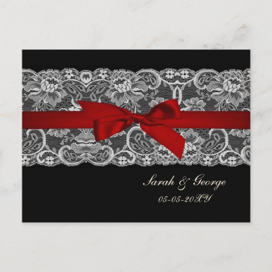 Invitation Carte Postale Dentelle et ruban rouge, mariage noir rsvp (Devant)