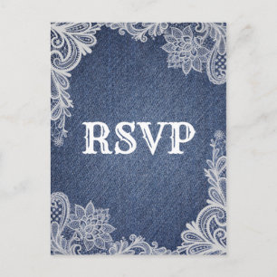 Invitation Carte Postale Dentelle Fleurie Denim & Blanc Élégant RSVP de Mar