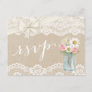 Invitation Carte Postale Dentelle florale de Burlap en ivoire rustique Maso