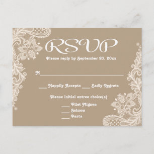 Invitation Carte Postale Dentelle florale RSVP rustique Tan Brown et blanc
