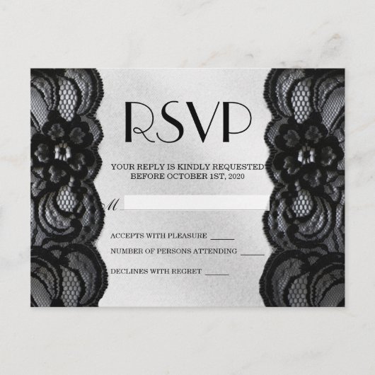 Invitation Carte Postale Dentelle noire et satin RSVP (Devant)