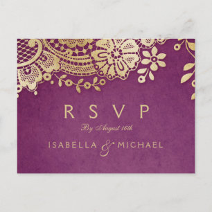 Invitation Carte Postale Dentelle vintage élégante pourpre d'or épousant