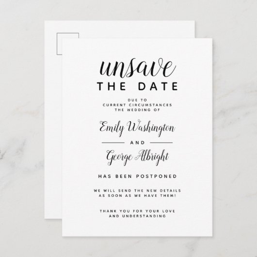 Invitation Carte Postale Désenregistrer La Date De Mariage Élégant Reportée (Devant / Derrière)