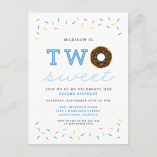 Invitation Carte Postale Deux beignets doux et des arroses bleu 2e annivers