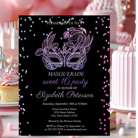 Invitation Carte Postale Diamants de violet mascarade, Douce masque 16