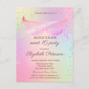 Invitation Carte Postale Diamants d'or mascarade Holographique Sweet 16