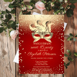 Invitation Carte Postale Diamants d'or mascarade, Masque, Doux rouge 16<br><div class="desc">Diamants d'or et masque sur un arrière - plan rouge.</div>