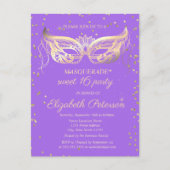 Invitation Carte Postale Diamants d'or mascarade Violet Sweet 16 (Devant)