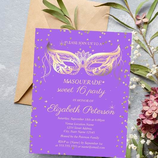 Invitation Carte Postale Diamants d'or mascarade Violet Sweet 16