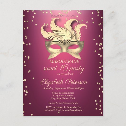Invitation Carte Postale Diamants d'or masqué, Masque, Purple Sweet 16 (Devant)