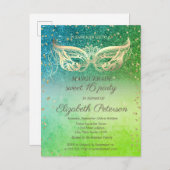 Invitation Carte Postale Diamants masqués Vert Parties scintillant douce 16 (Devant / Derrière)