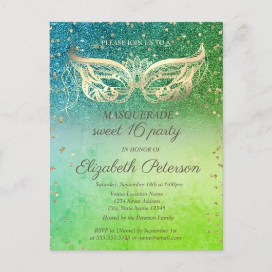 Invitation Carte Postale Diamants masqués Vert Parties scintillant douce 16 (Devant)