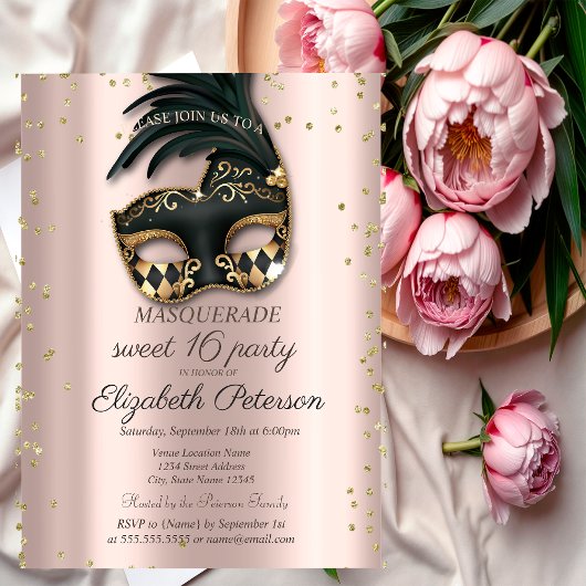Invitation Carte Postale Diamants Rose Or Black Masquerade Sweet 16