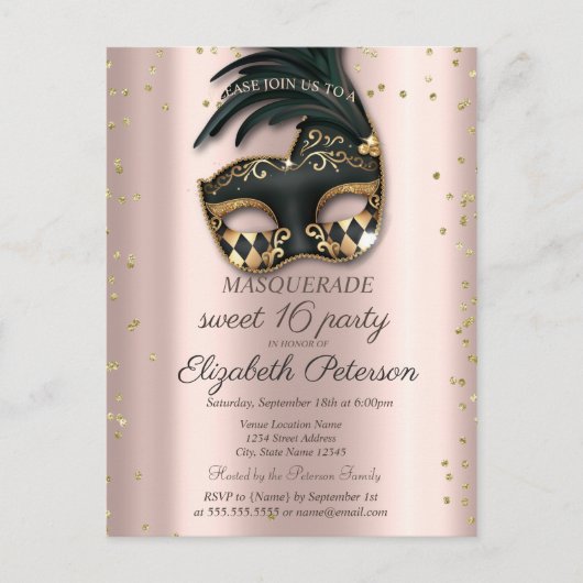 Invitation Carte Postale Diamants Rose Or Black Masquerade Sweet 16 (Devant)