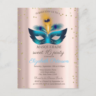 Invitation Carte Postale Diamants Rose Or Bleu Masquerade Sweet 16