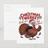 Invitation Carte Postale Dinde de Noël secoue ta plume de queue (Devant / Derrière)