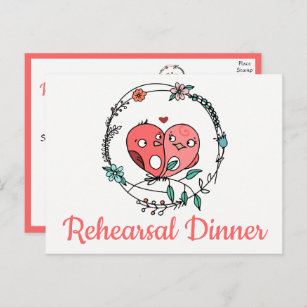 Invitation Carte Postale Dîner de répétition Mariage Floral Rose Lovebirds
