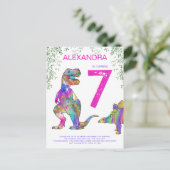 Invitation Carte Postale Dinosaur Anniversaire fête Budget rose (Debout devant)