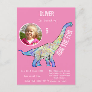 Invitation Carte Postale Dinosaur Brachiosaurus Filles Anniversaire rose Ph