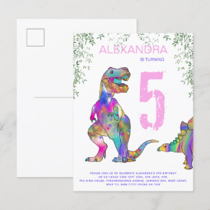 Invitation Carte Postale Dinosaur Girls 5e anniversaire fête budget rose