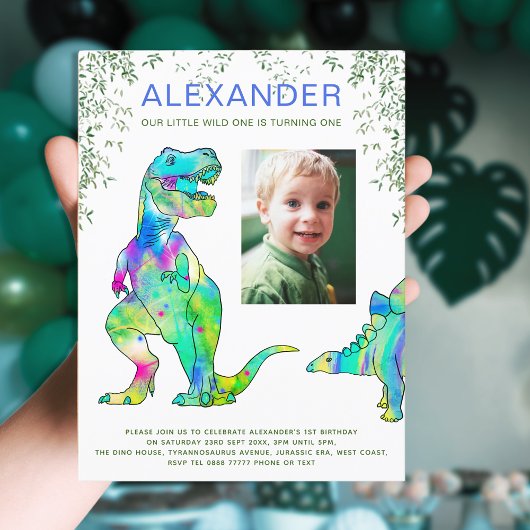 Invitation Carte Postale Dinosaur jungle 1er anniversaire de fête photo Bud