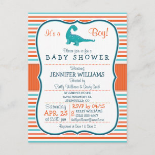 Invitation Carte Postale Dinosaure ; Baby shower Turquoise & Orange Stripes