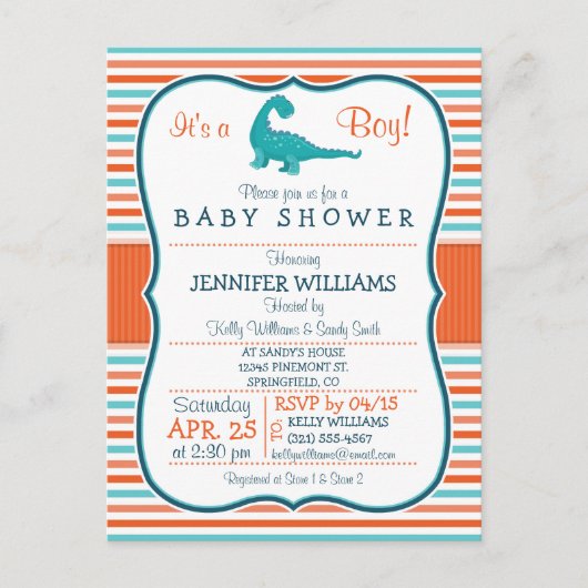 Invitation Carte Postale Dinosaure ; Baby shower Turquoise & Orange Stripes (Devant)
